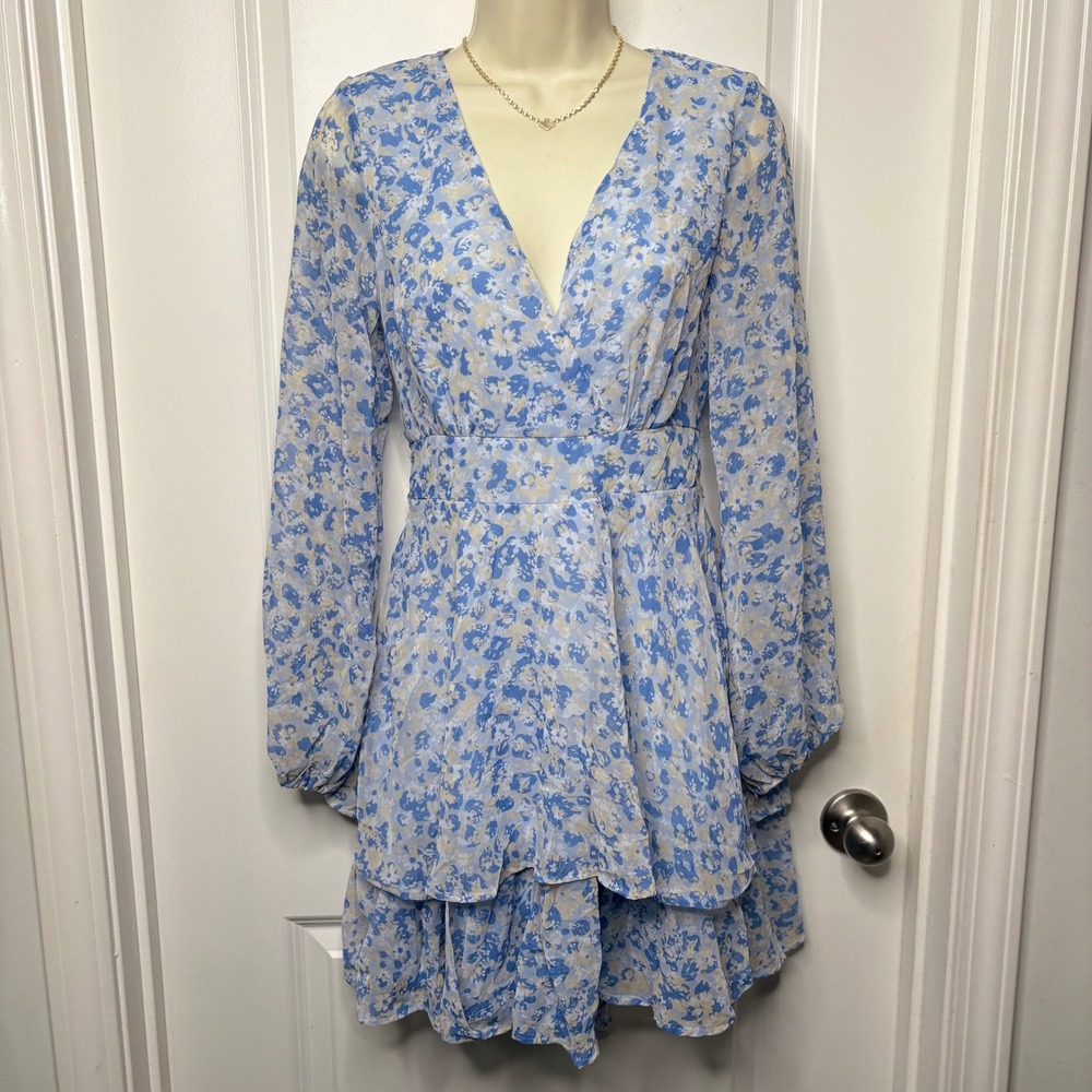 Japna Long Sleeve Mini Dress Women's Small Blue Floral Tiered Ruffle V-Neck